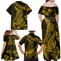 Gold Polynesia Shark Tattoo Family Matching Off Shoulder Maxi Dress and Hawaiian Shirt With Polynesian Plumeria - Wonder Print Shop