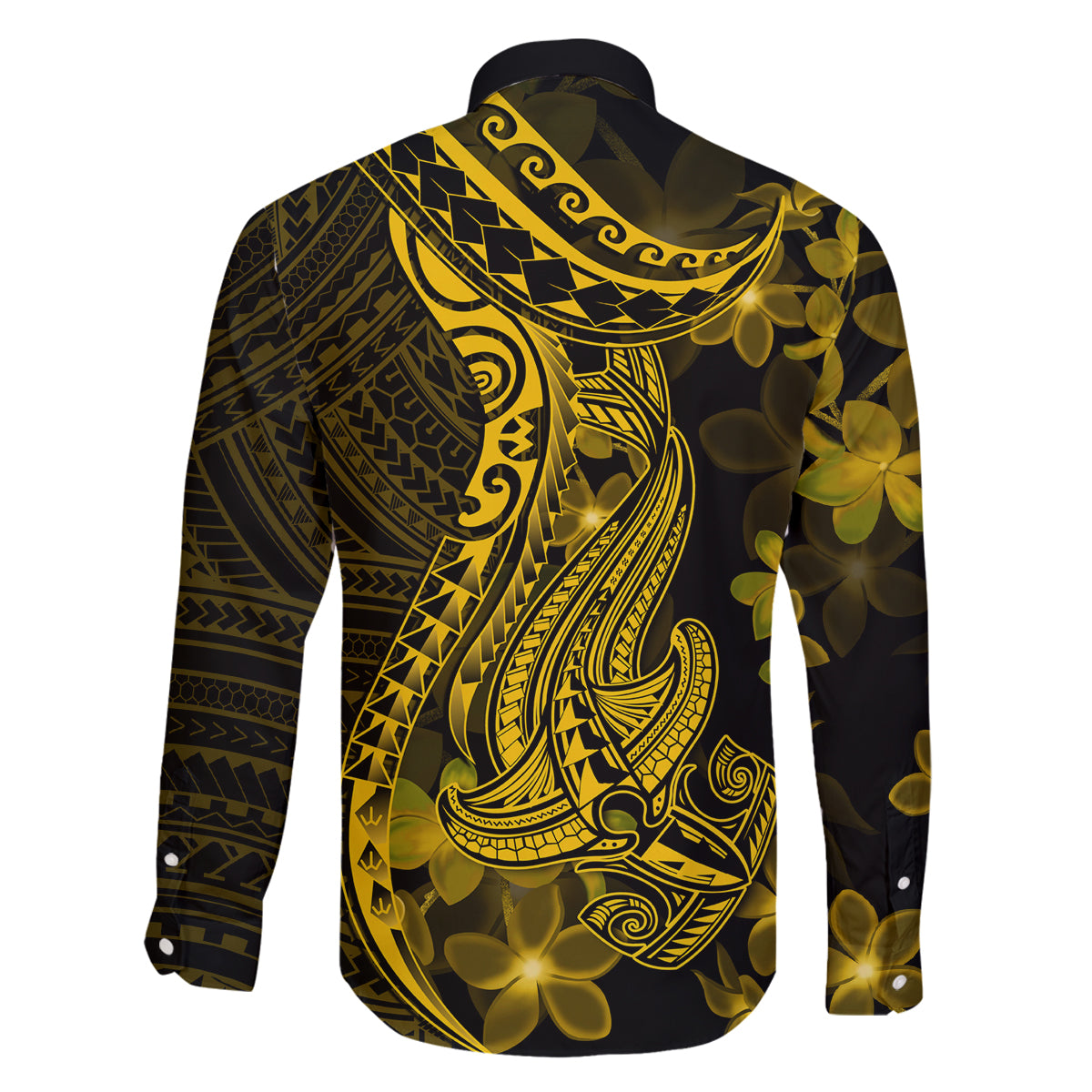 Gold Polynesia Shark Tattoo Family Matching Off Shoulder Maxi Dress and Hawaiian Shirt With Polynesian Plumeria - Wonder Print Shop
