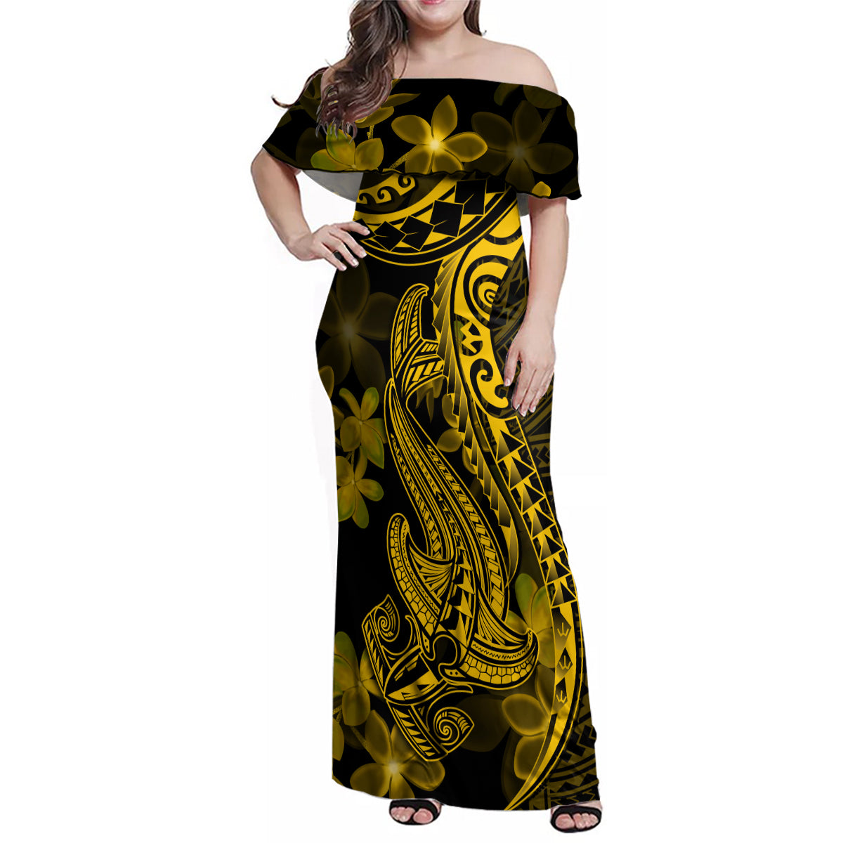 Gold Polynesia Shark Tattoo Family Matching Off Shoulder Maxi Dress and Hawaiian Shirt With Polynesian Plumeria - Wonder Print Shop