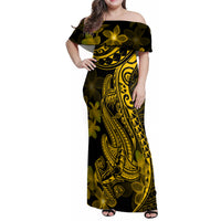 Gold Polynesia Shark Tattoo Family Matching Off Shoulder Maxi Dress and Hawaiian Shirt With Polynesian Plumeria - Wonder Print Shop