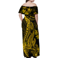 Gold Polynesia Shark Tattoo Family Matching Off Shoulder Maxi Dress and Hawaiian Shirt With Polynesian Plumeria - Wonder Print Shop