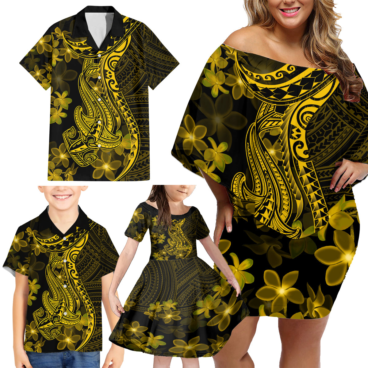 Gold Polynesia Shark Tattoo Family Matching Off Shoulder Short Dress and Hawaiian Shirt With Polynesian Plumeria - Wonder Print Shop