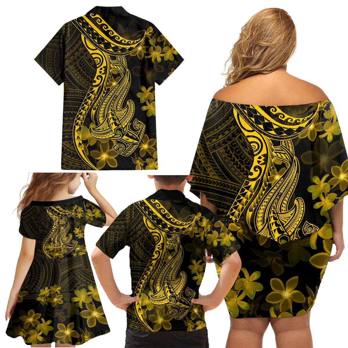 Gold Polynesia Shark Tattoo Family Matching Off Shoulder Short Dress and Hawaiian Shirt With Polynesian Plumeria - Wonder Print Shop