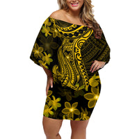 Gold Polynesia Shark Tattoo Family Matching Off Shoulder Short Dress and Hawaiian Shirt With Polynesian Plumeria - Wonder Print Shop