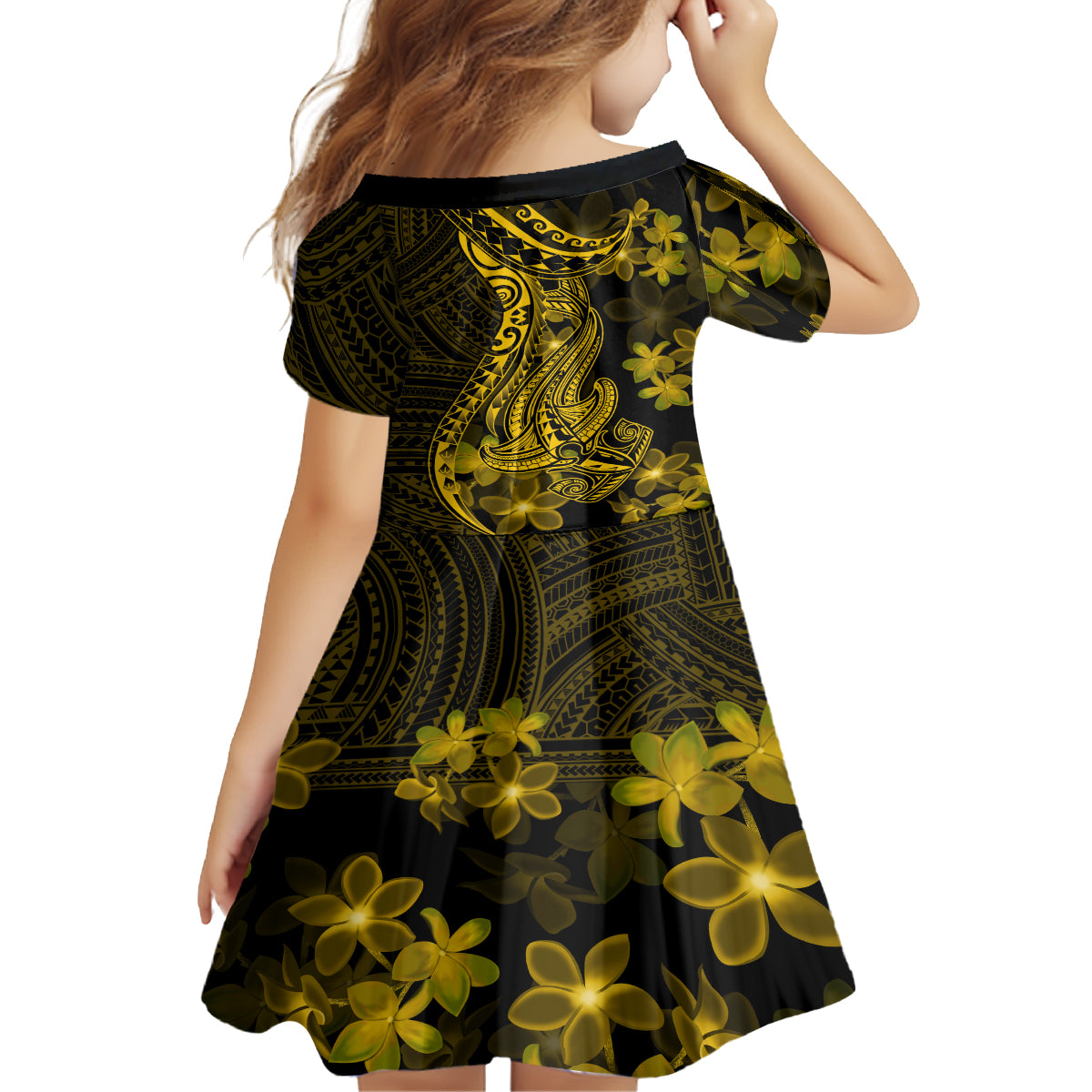 Gold Polynesia Shark Tattoo Family Matching Puletasi Dress and Hawaiian Shirt With Polynesian Plumeria - Wonder Print Shop