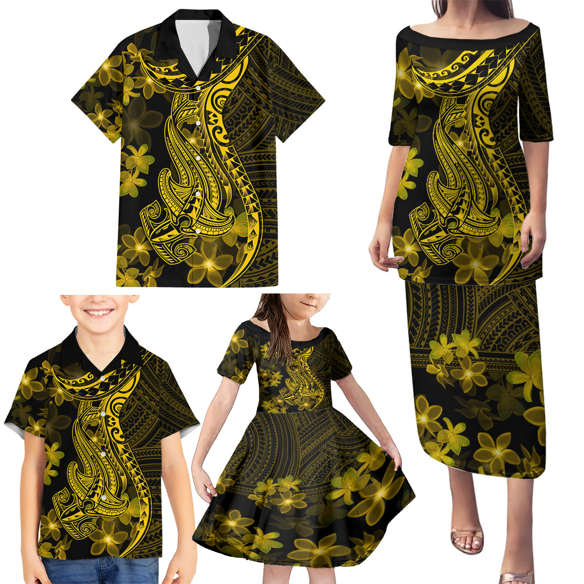 Gold Polynesia Shark Tattoo Family Matching Puletasi Dress and Hawaiian Shirt With Polynesian Plumeria - Wonder Print Shop
