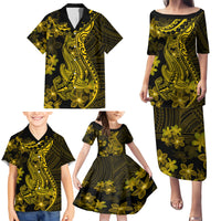 Gold Polynesia Shark Tattoo Family Matching Puletasi Dress and Hawaiian Shirt With Polynesian Plumeria - Wonder Print Shop