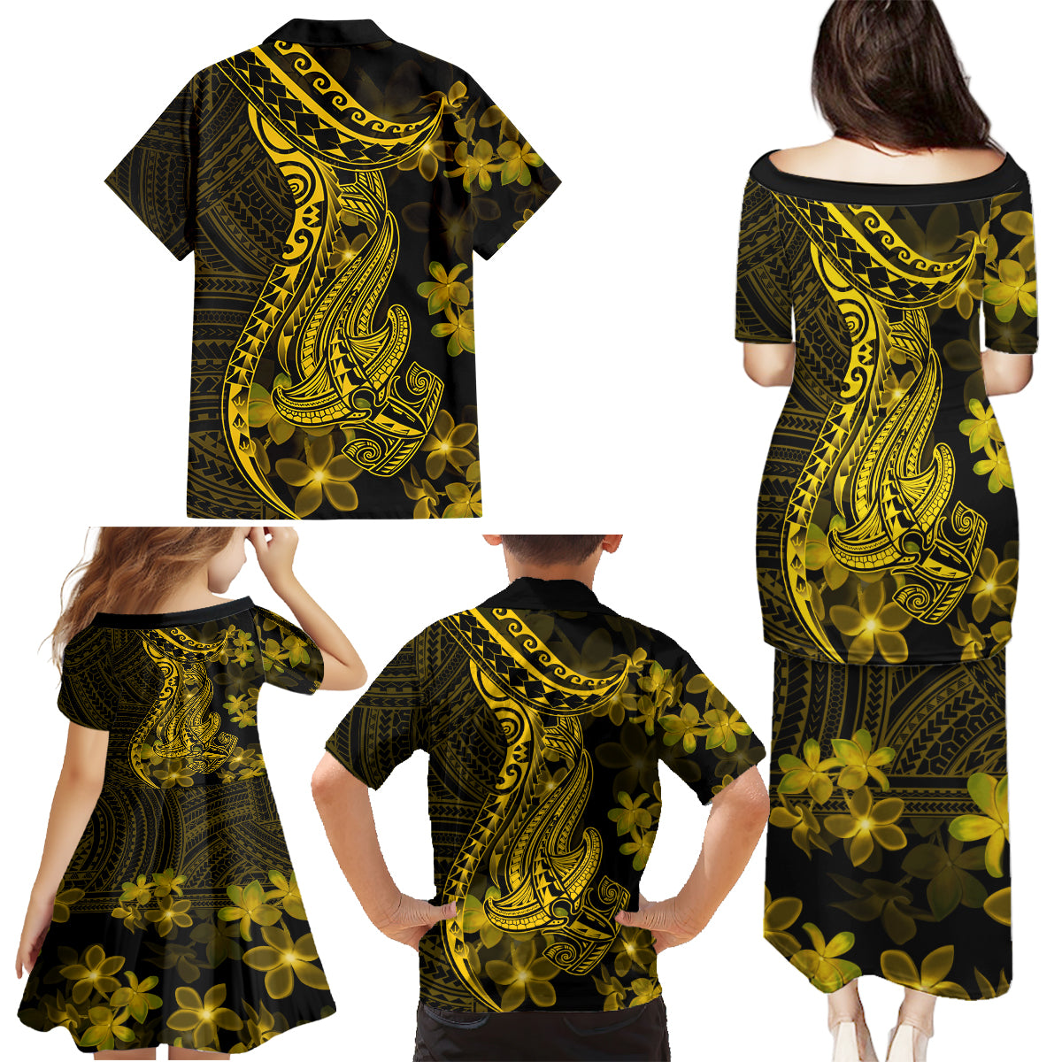Gold Polynesia Shark Tattoo Family Matching Puletasi Dress and Hawaiian Shirt With Polynesian Plumeria - Wonder Print Shop