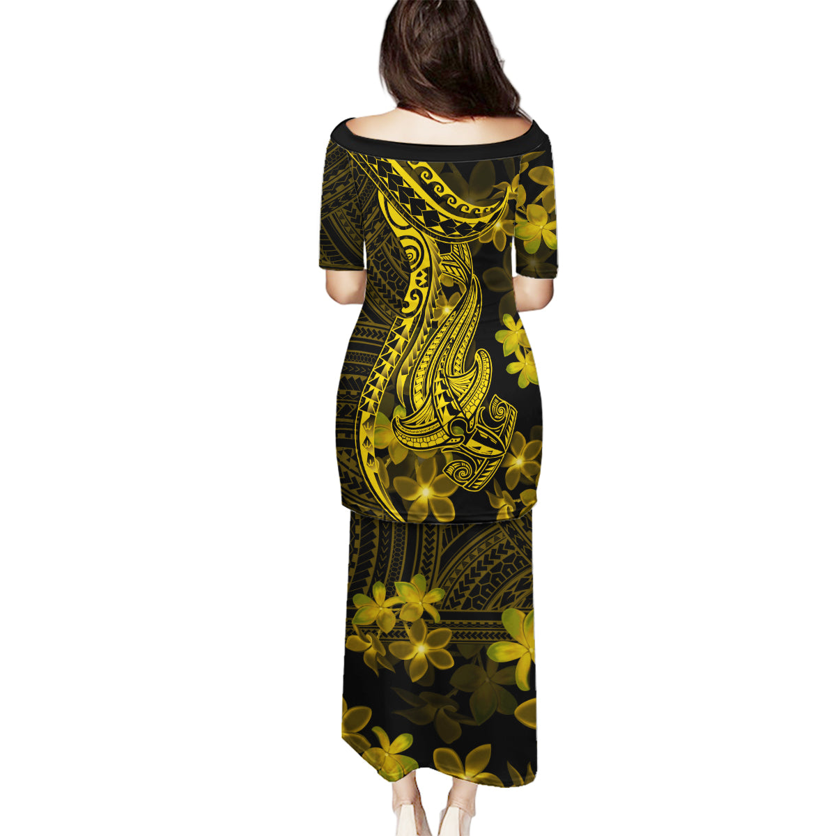 Gold Polynesia Shark Tattoo Family Matching Puletasi Dress and Hawaiian Shirt With Polynesian Plumeria - Wonder Print Shop