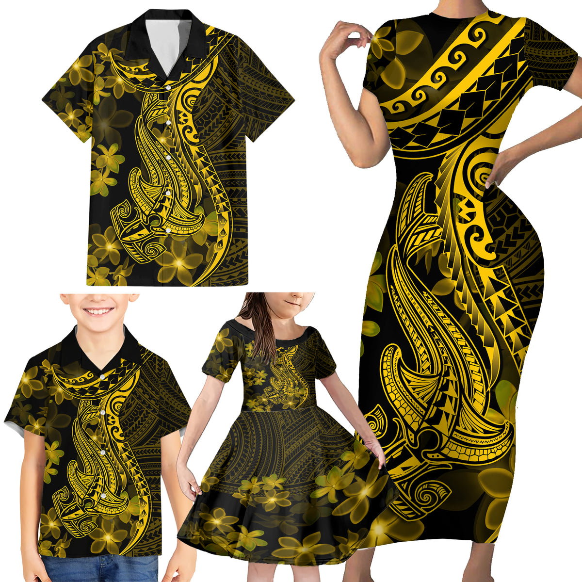 Gold Polynesia Shark Tattoo Family Matching Short Sleeve Bodycon Dress and Hawaiian Shirt With Polynesian Plumeria - Wonder Print Shop