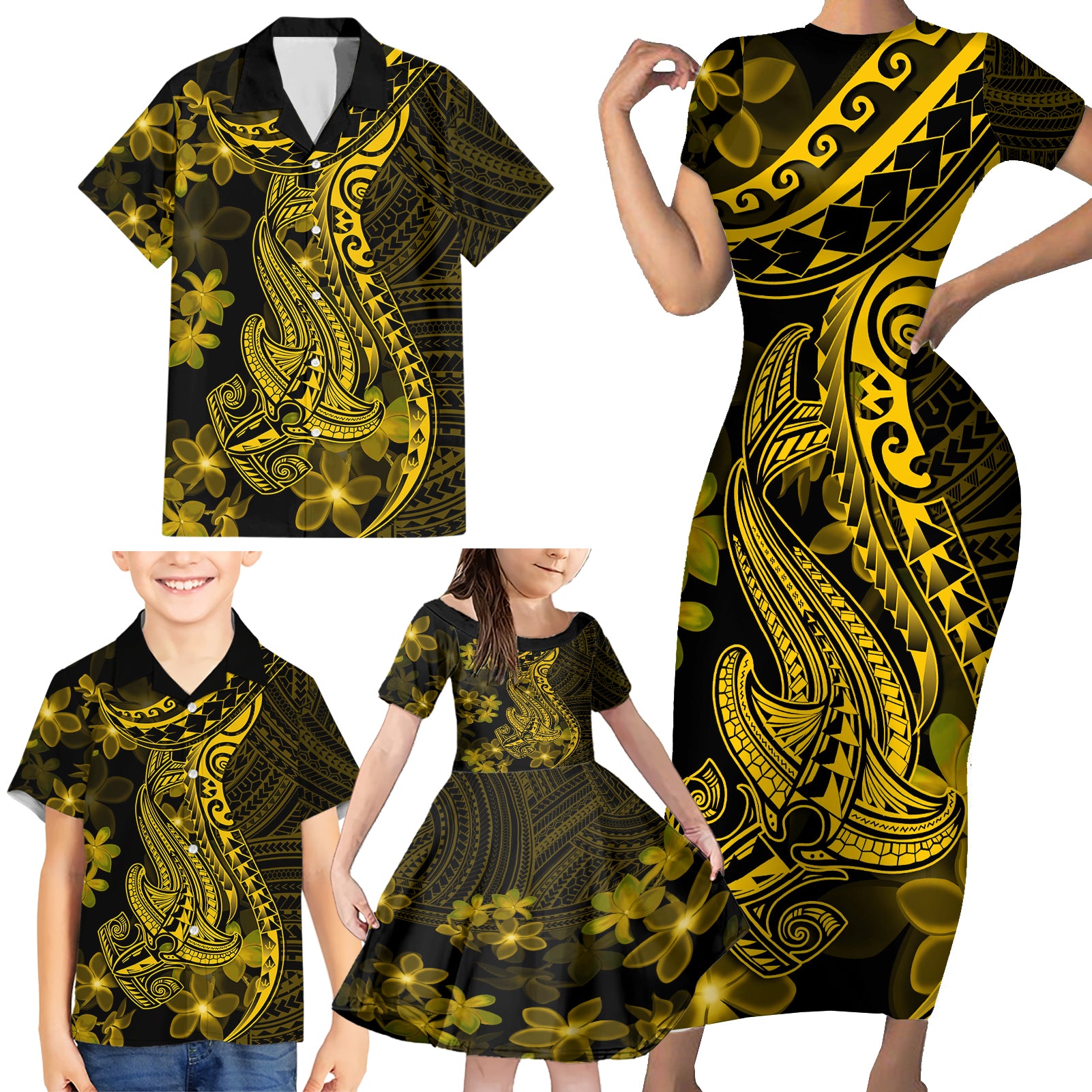 Gold Polynesia Shark Tattoo Family Matching Short Sleeve Bodycon Dress and Hawaiian Shirt With Polynesian Plumeria - Wonder Print Shop