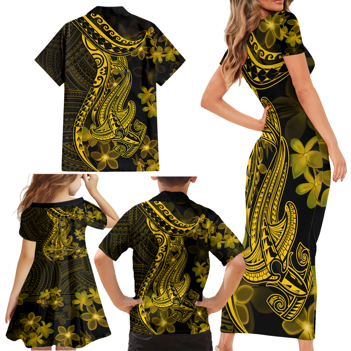 Gold Polynesia Shark Tattoo Family Matching Short Sleeve Bodycon Dress and Hawaiian Shirt With Polynesian Plumeria - Wonder Print Shop