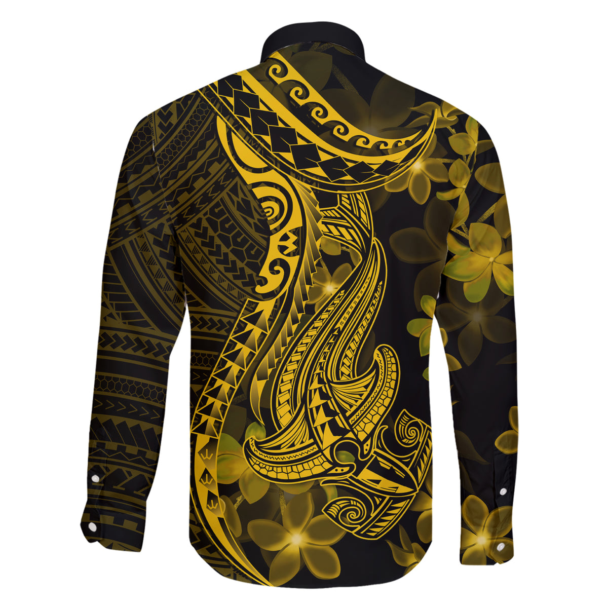 Gold Polynesia Shark Tattoo Family Matching Short Sleeve Bodycon Dress and Hawaiian Shirt With Polynesian Plumeria - Wonder Print Shop