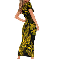 Gold Polynesia Shark Tattoo Family Matching Short Sleeve Bodycon Dress and Hawaiian Shirt With Polynesian Plumeria - Wonder Print Shop