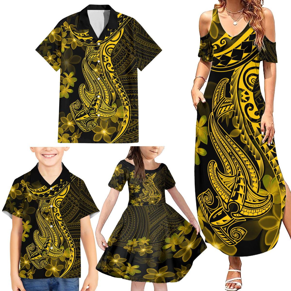 Gold Polynesia Shark Tattoo Family Matching Summer Maxi Dress and Hawaiian Shirt With Polynesian Plumeria - Wonder Print Shop