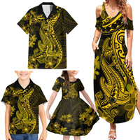 Gold Polynesia Shark Tattoo Family Matching Summer Maxi Dress and Hawaiian Shirt With Polynesian Plumeria - Wonder Print Shop