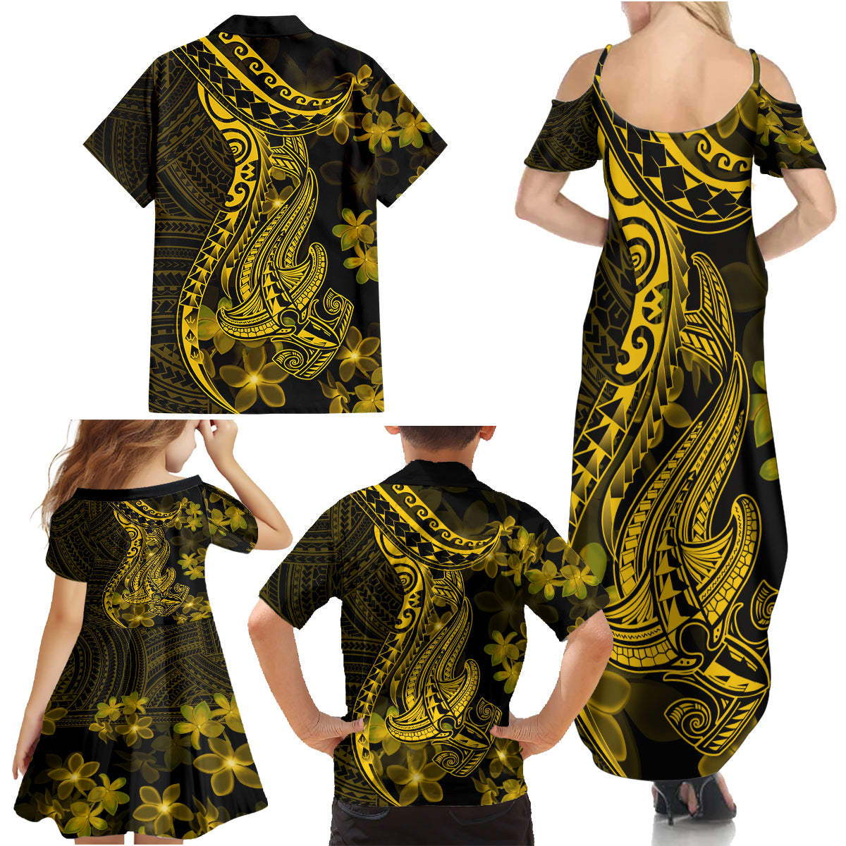 Gold Polynesia Shark Tattoo Family Matching Summer Maxi Dress and Hawaiian Shirt With Polynesian Plumeria - Wonder Print Shop