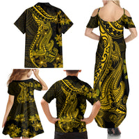Gold Polynesia Shark Tattoo Family Matching Summer Maxi Dress and Hawaiian Shirt With Polynesian Plumeria - Wonder Print Shop