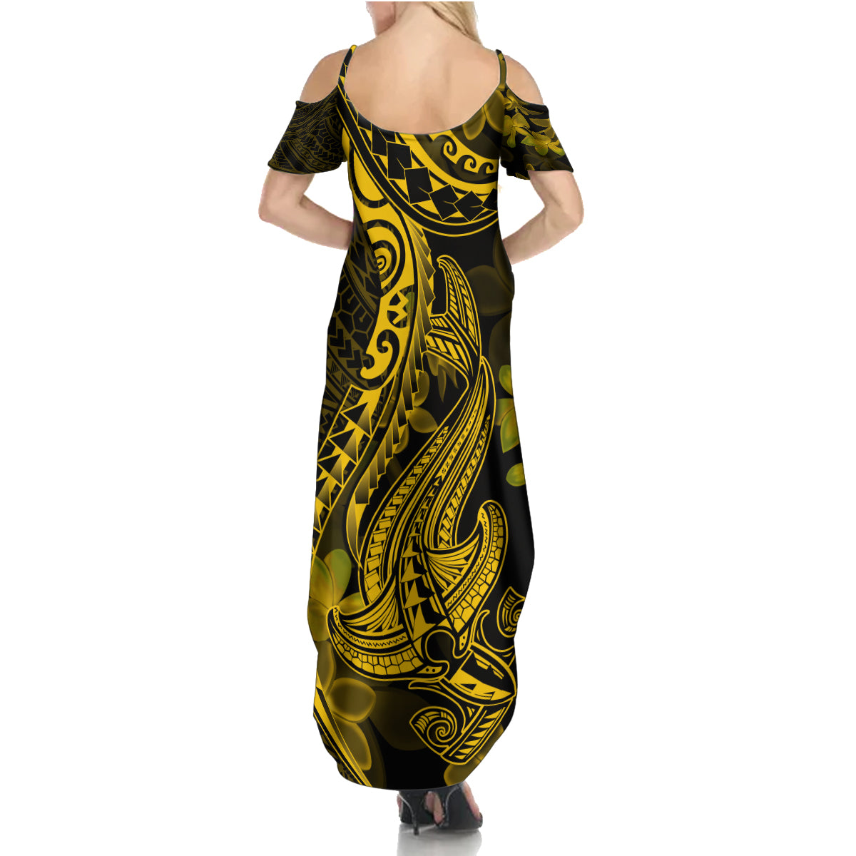 Gold Polynesia Shark Tattoo Family Matching Summer Maxi Dress and Hawaiian Shirt With Polynesian Plumeria - Wonder Print Shop