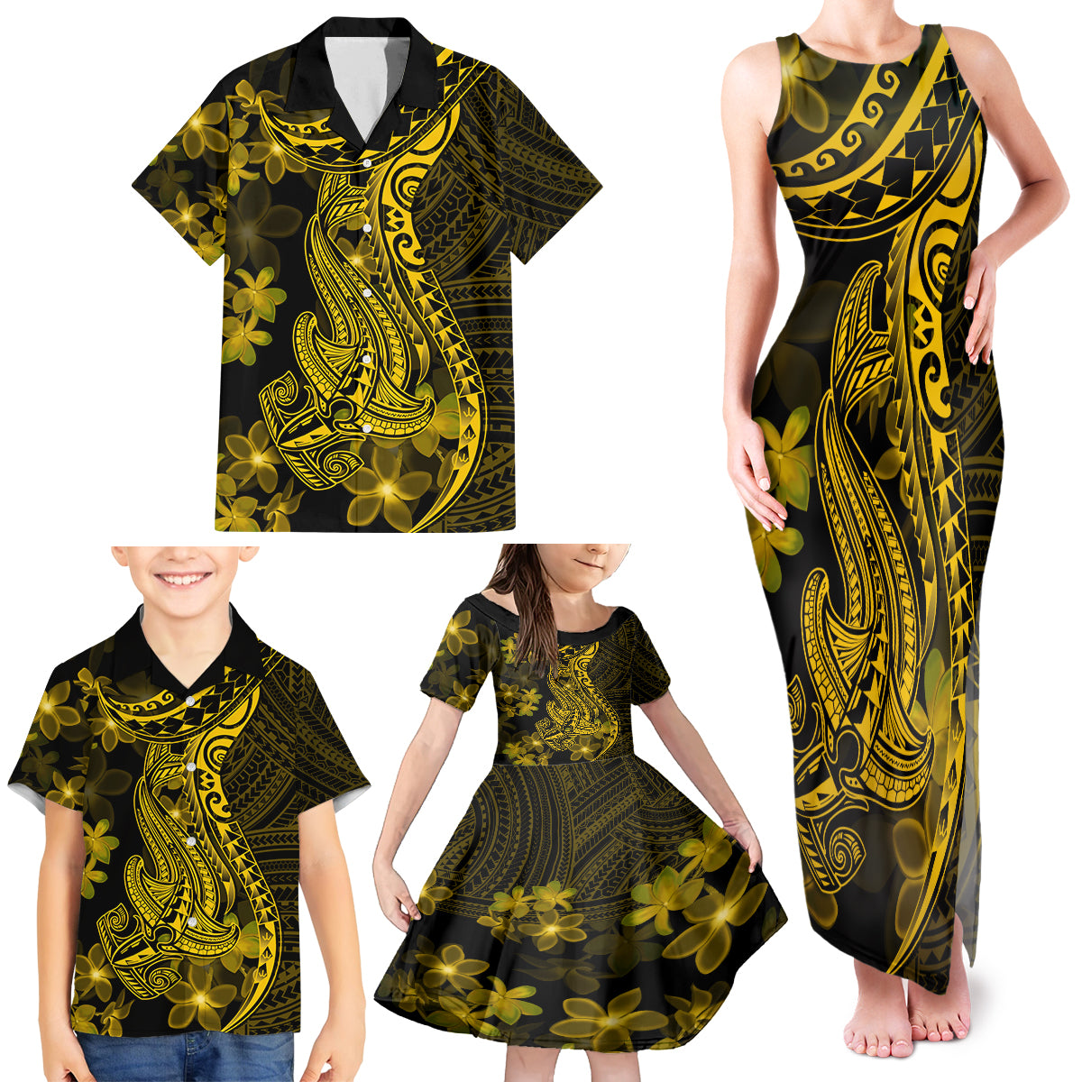 Gold Polynesia Shark Tattoo Family Matching Tank Maxi Dress and Hawaiian Shirt With Polynesian Plumeria - Wonder Print Shop
