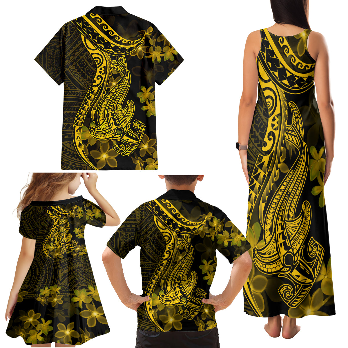 Gold Polynesia Shark Tattoo Family Matching Tank Maxi Dress and Hawaiian Shirt With Polynesian Plumeria - Wonder Print Shop