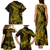 Gold Polynesia Shark Tattoo Family Matching Tank Maxi Dress and Hawaiian Shirt With Polynesian Plumeria - Wonder Print Shop