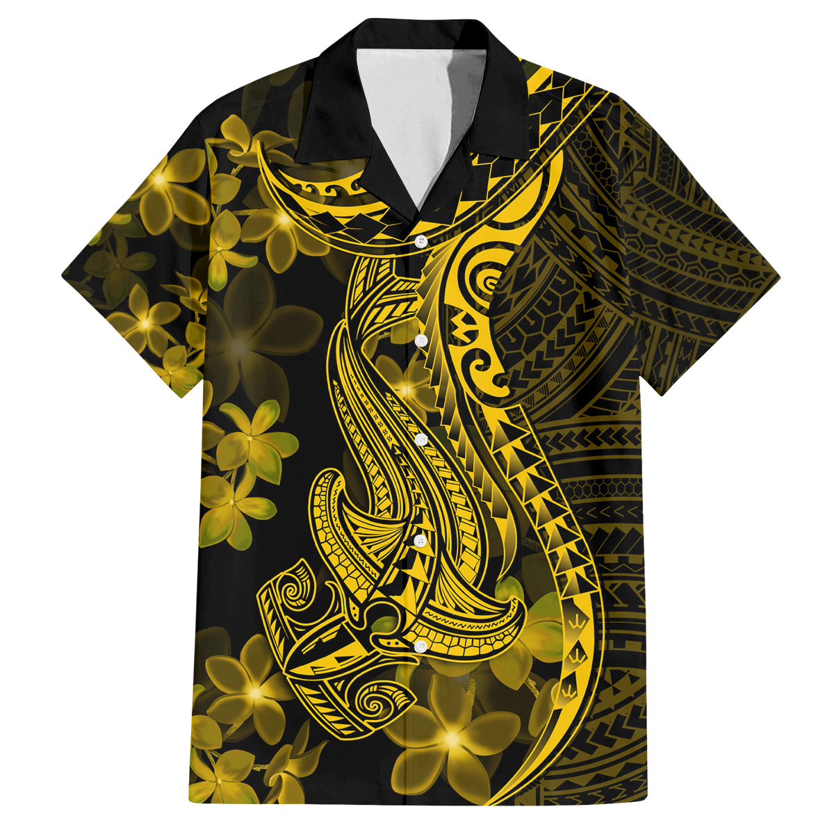 Gold Polynesia Shark Tattoo Family Matching Tank Maxi Dress and Hawaiian Shirt With Polynesian Plumeria - Wonder Print Shop