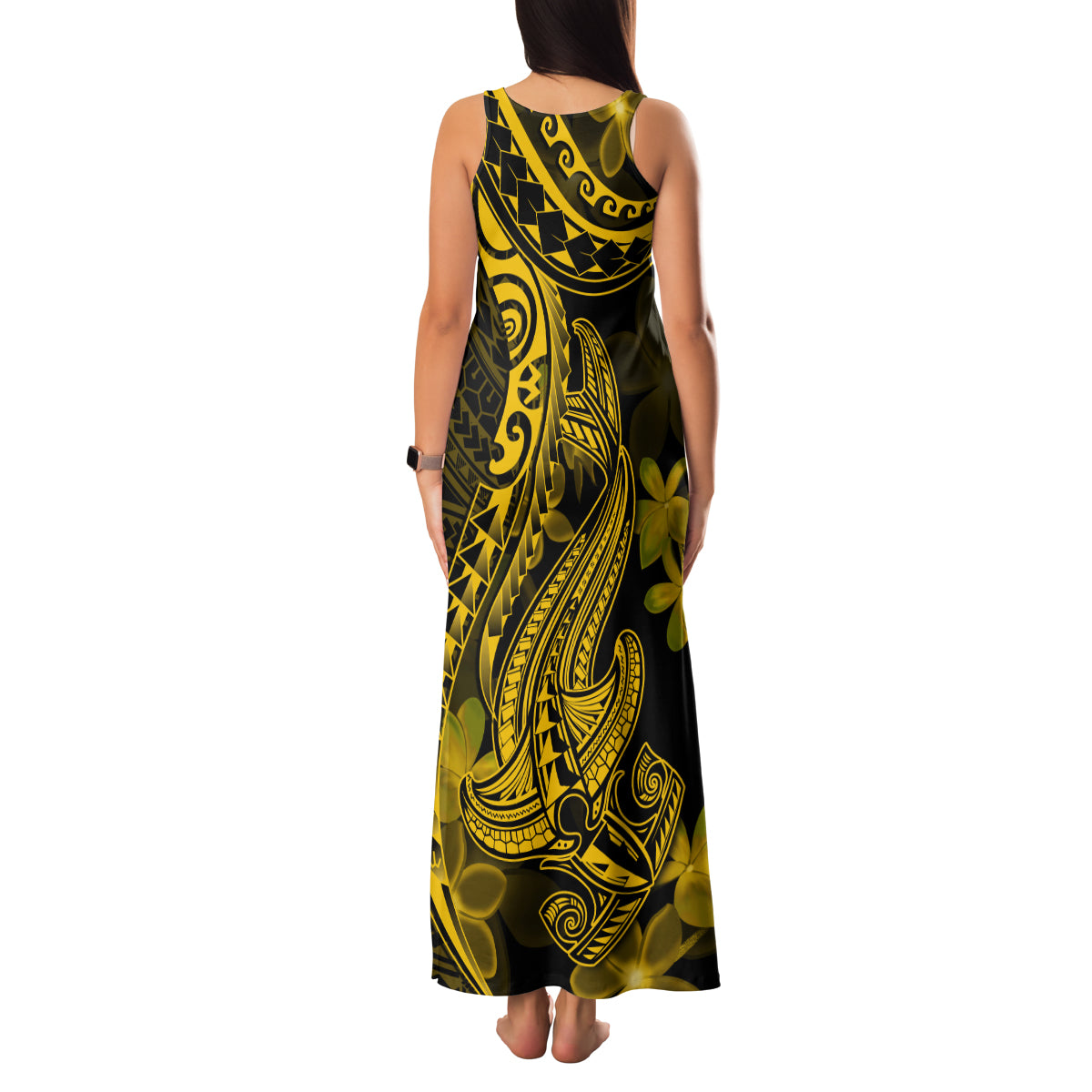 Gold Polynesia Shark Tattoo Family Matching Tank Maxi Dress and Hawaiian Shirt With Polynesian Plumeria - Wonder Print Shop
