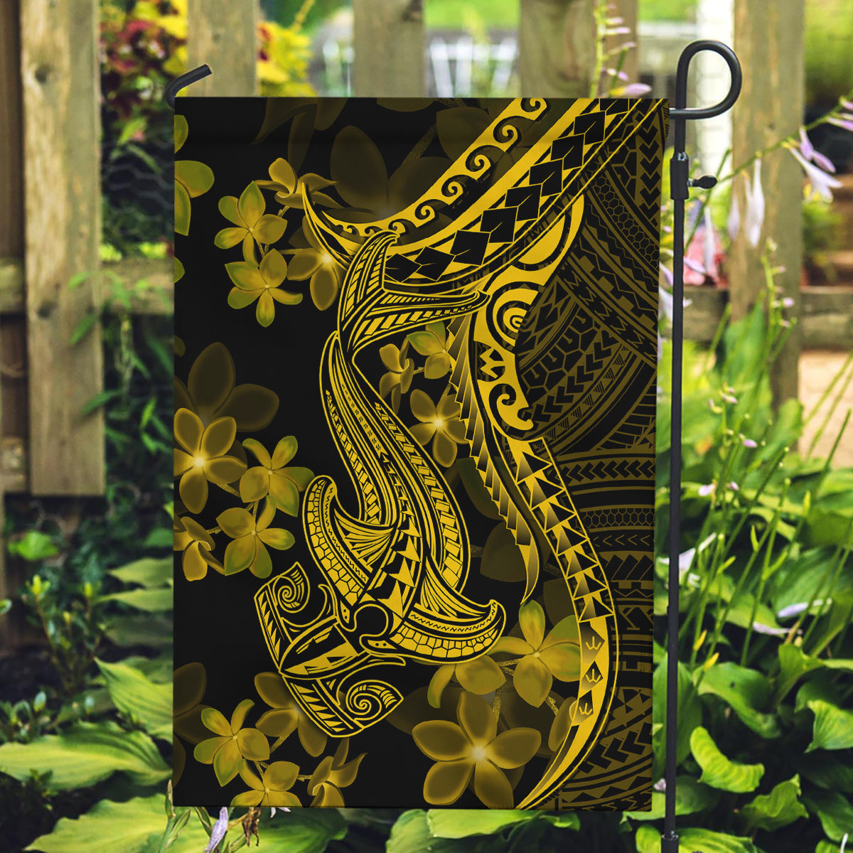 Gold Polynesia Shark Tattoo Garden Flag With Polynesian Plumeria - Wonder Print Shop