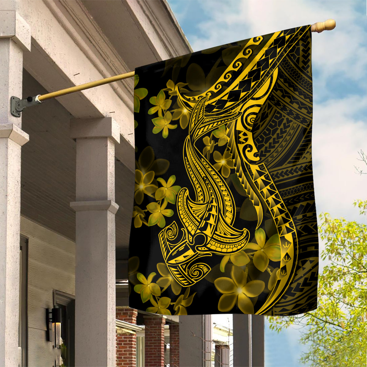 Gold Polynesia Shark Tattoo Garden Flag With Polynesian Plumeria - Wonder Print Shop