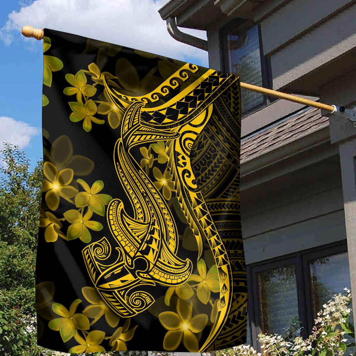 Gold Polynesia Shark Tattoo Garden Flag With Polynesian Plumeria - Wonder Print Shop