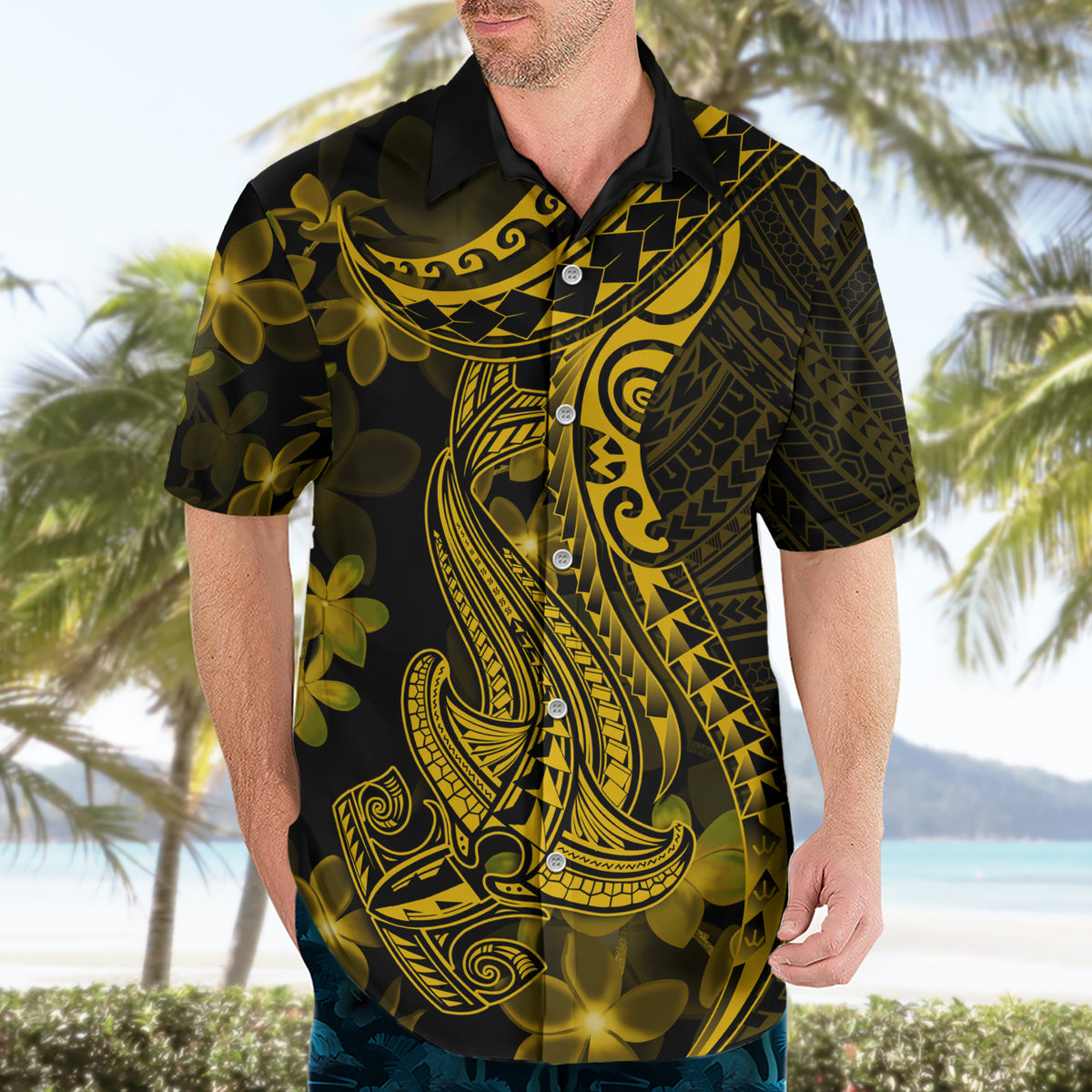 Gold Polynesia Shark Tattoo Hawaiian Shirt With Polynesian Plumeria - Wonder Print Shop