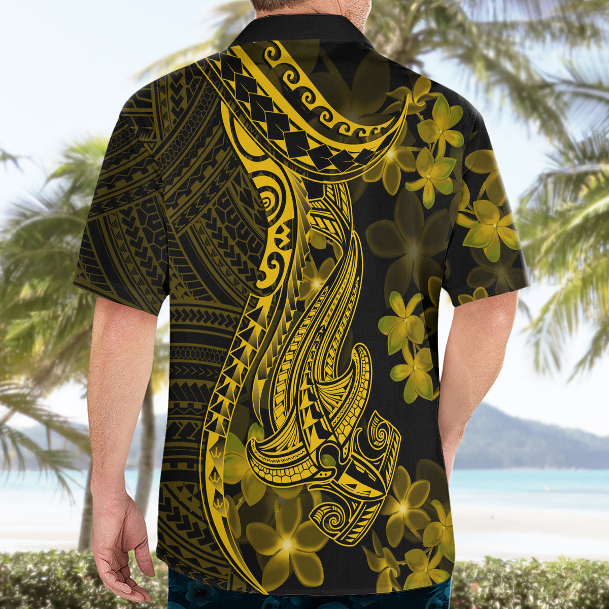Gold Polynesia Shark Tattoo Hawaiian Shirt With Polynesian Plumeria - Wonder Print Shop