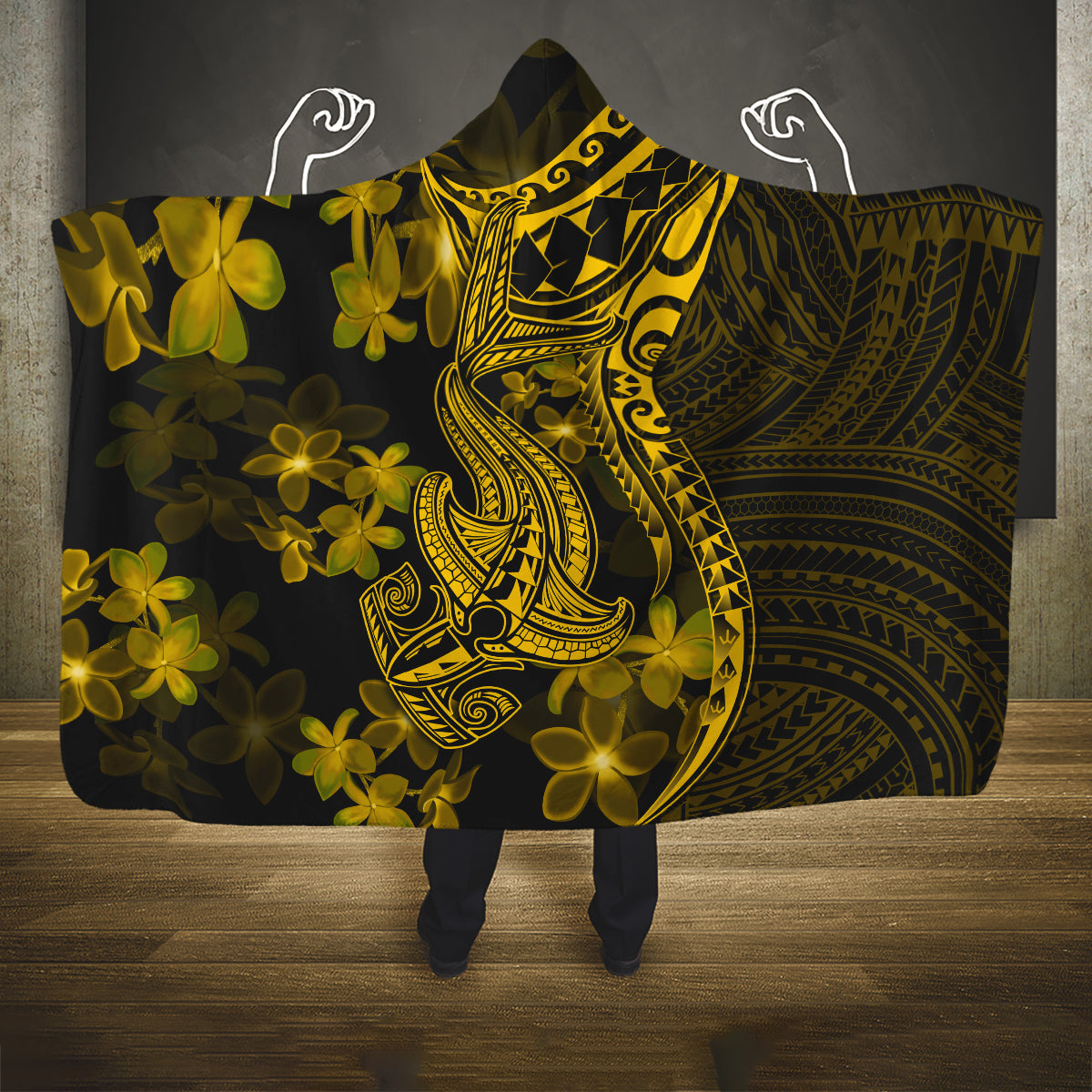 gold-polynesia-shark-tattoo-hooded-blanket-with-polynesian-plumeria
