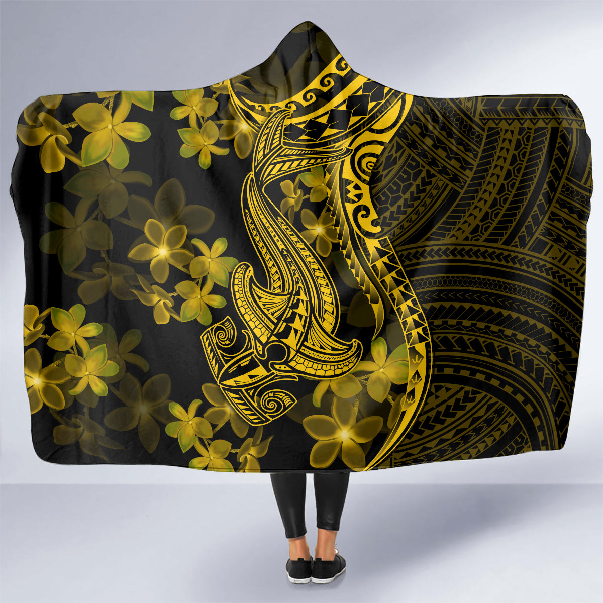 gold-polynesia-shark-tattoo-hooded-blanket-with-polynesian-plumeria