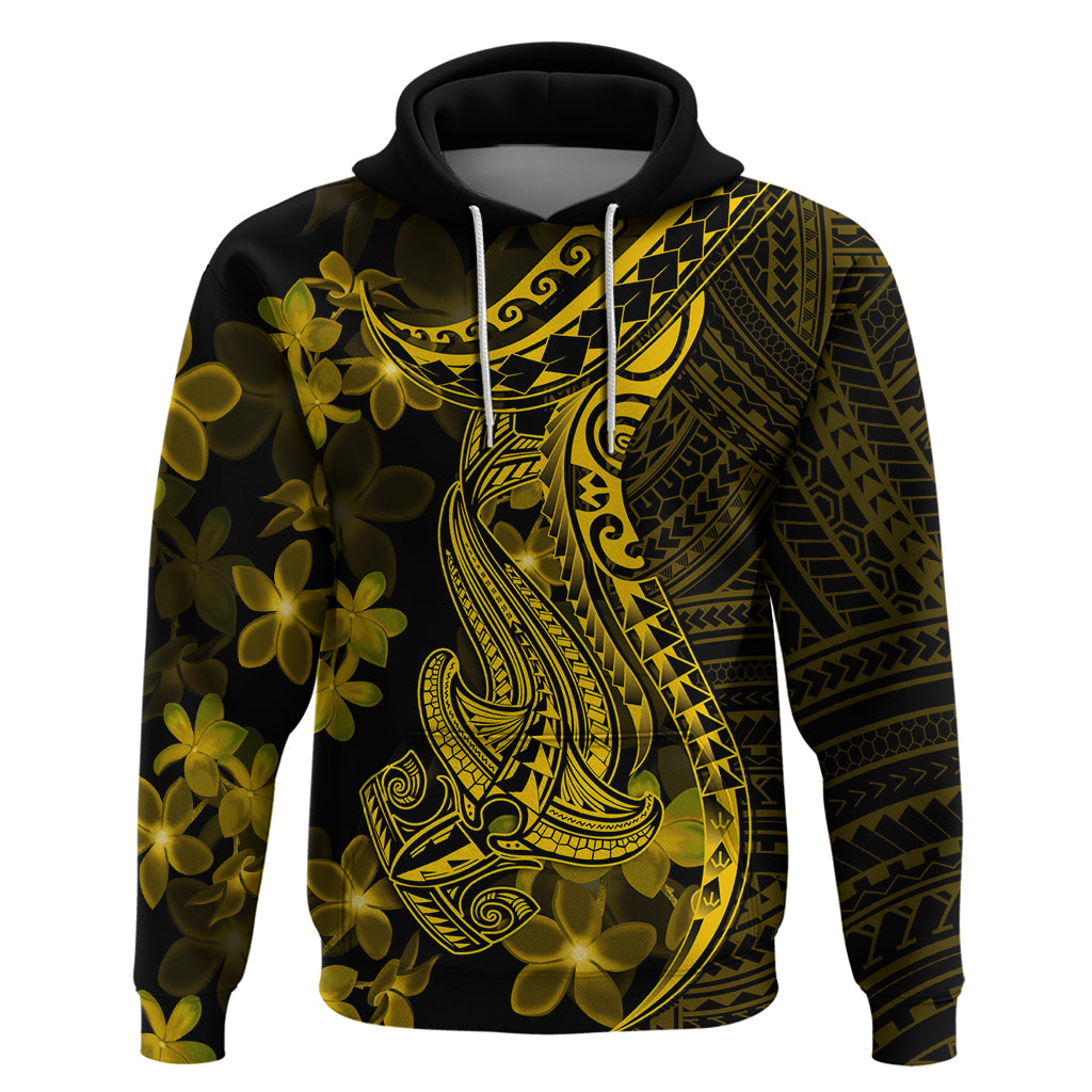 Gold Polynesia Shark Tattoo Hoodie With Polynesian Plumeria - Wonder Print Shop
