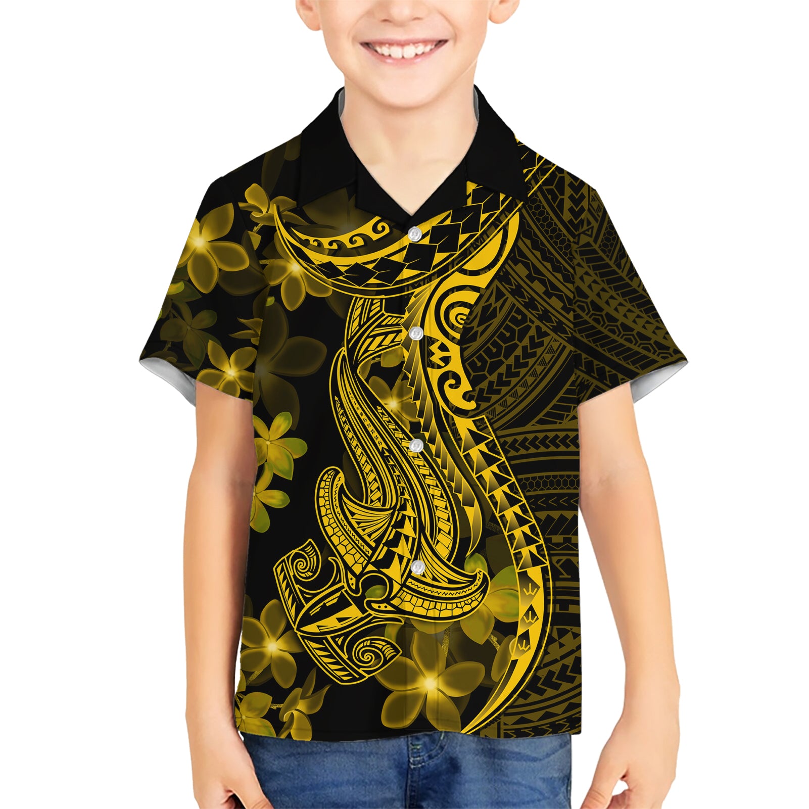 Gold Polynesia Shark Tattoo Kid Hawaiian Shirt With Polynesian Plumeria - Wonder Print Shop