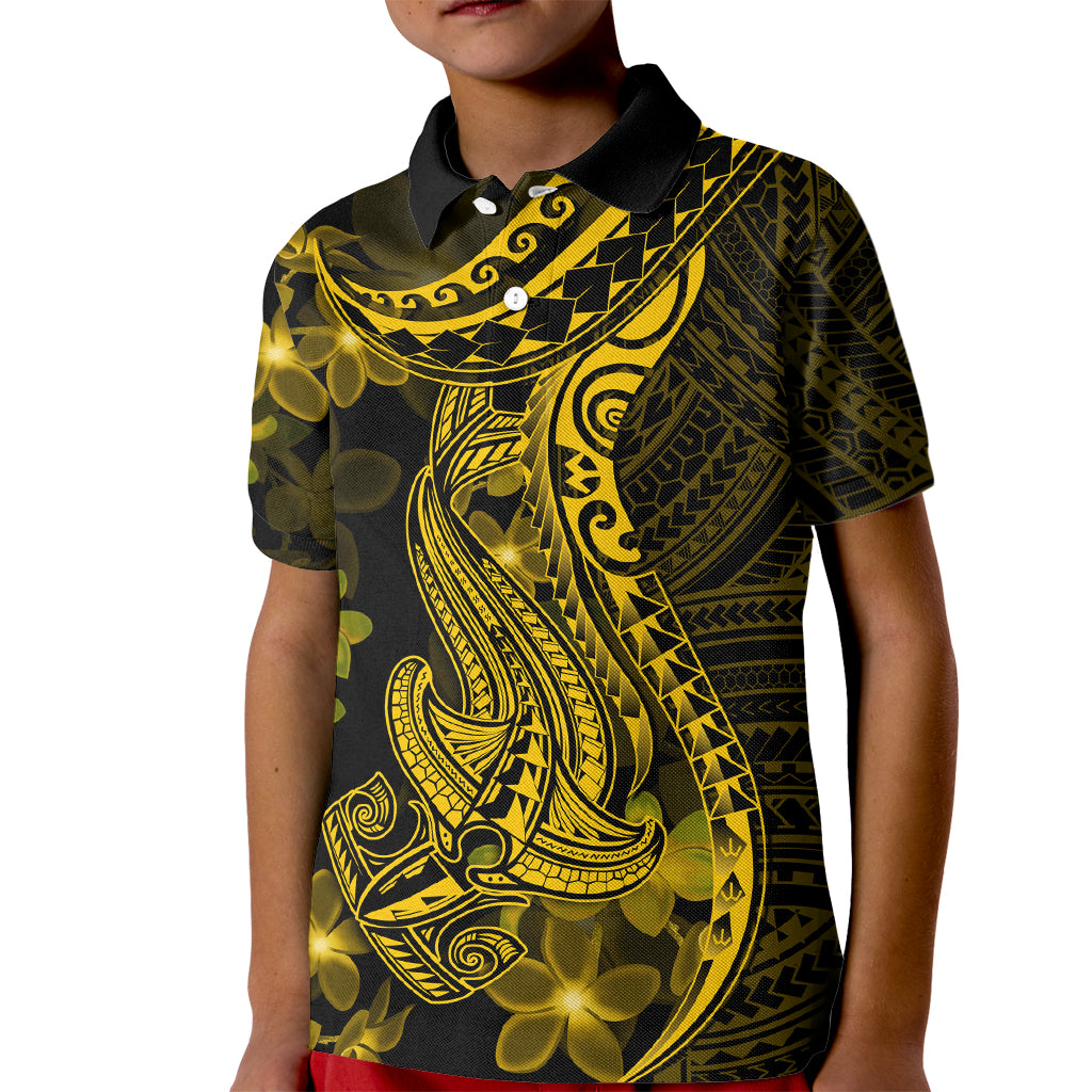 Gold Polynesia Shark Tattoo Kid Polo Shirt With Polynesian Plumeria - Wonder Print Shop
