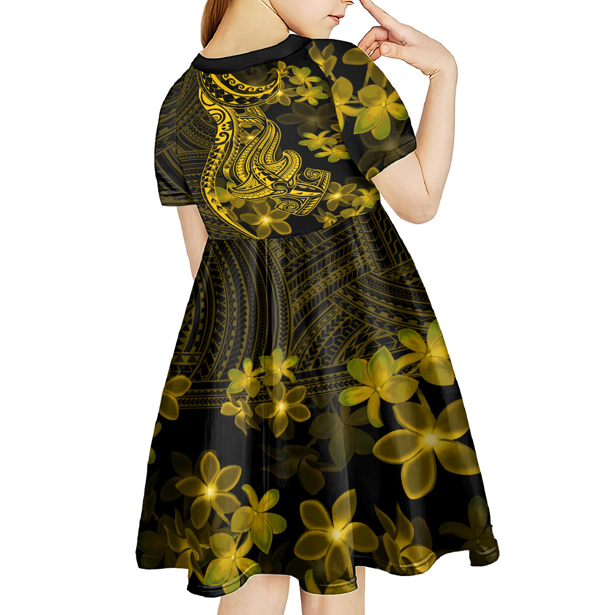 Gold Polynesia Shark Tattoo Kid Short Sleeve Dress With Polynesian Plumeria - Wonder Print Shop