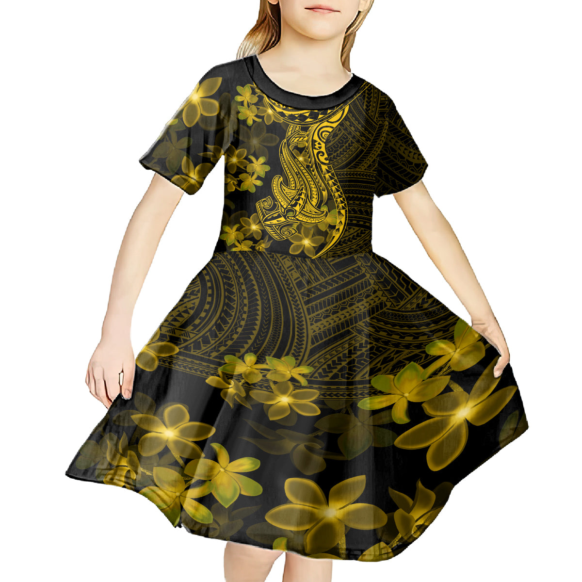 Gold Polynesia Shark Tattoo Kid Short Sleeve Dress With Polynesian Plumeria - Wonder Print Shop