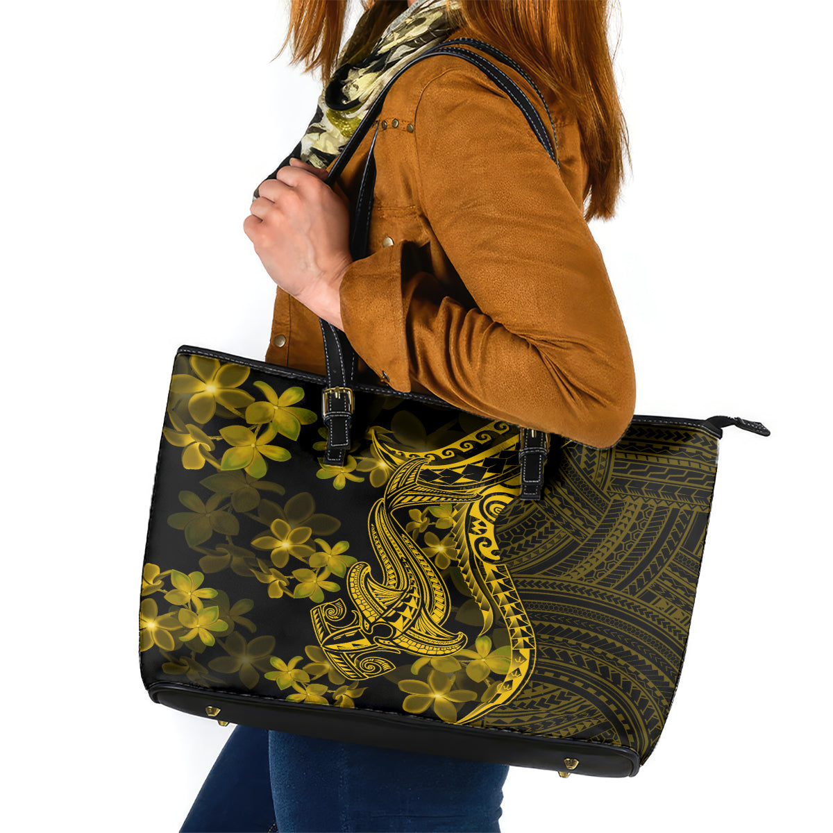 Gold Polynesia Shark Tattoo Leather Tote Bag With Polynesian Plumeria - Wonder Print Shop