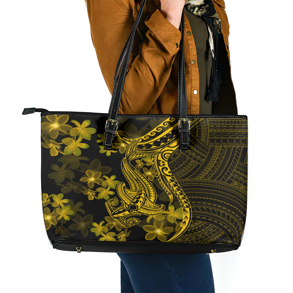 Gold Polynesia Shark Tattoo Leather Tote Bag With Polynesian Plumeria - Wonder Print Shop