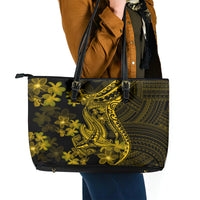 Gold Polynesia Shark Tattoo Leather Tote Bag With Polynesian Plumeria - Wonder Print Shop