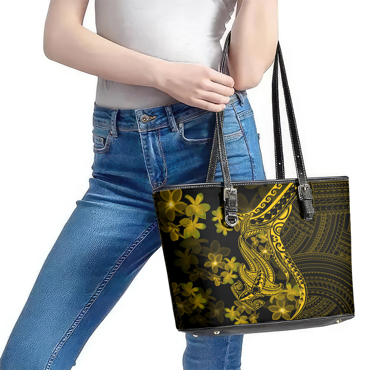 Gold Polynesia Shark Tattoo Leather Tote Bag With Polynesian Plumeria - Wonder Print Shop