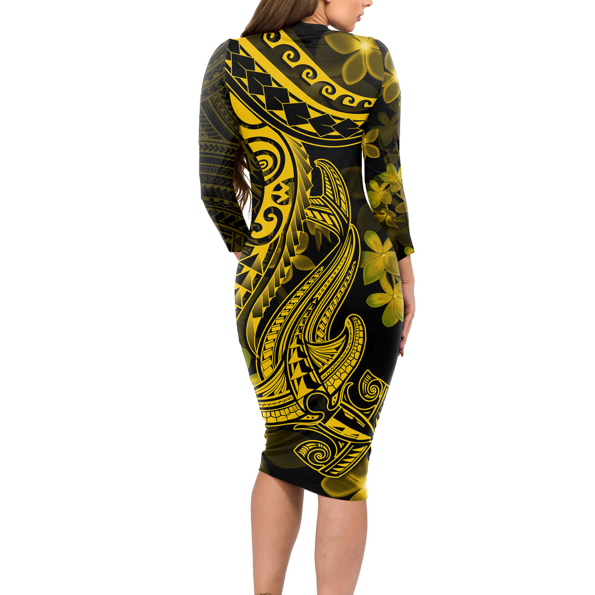 Gold Polynesia Shark Tattoo Long Sleeve Bodycon Dress With Polynesian Plumeria - Wonder Print Shop