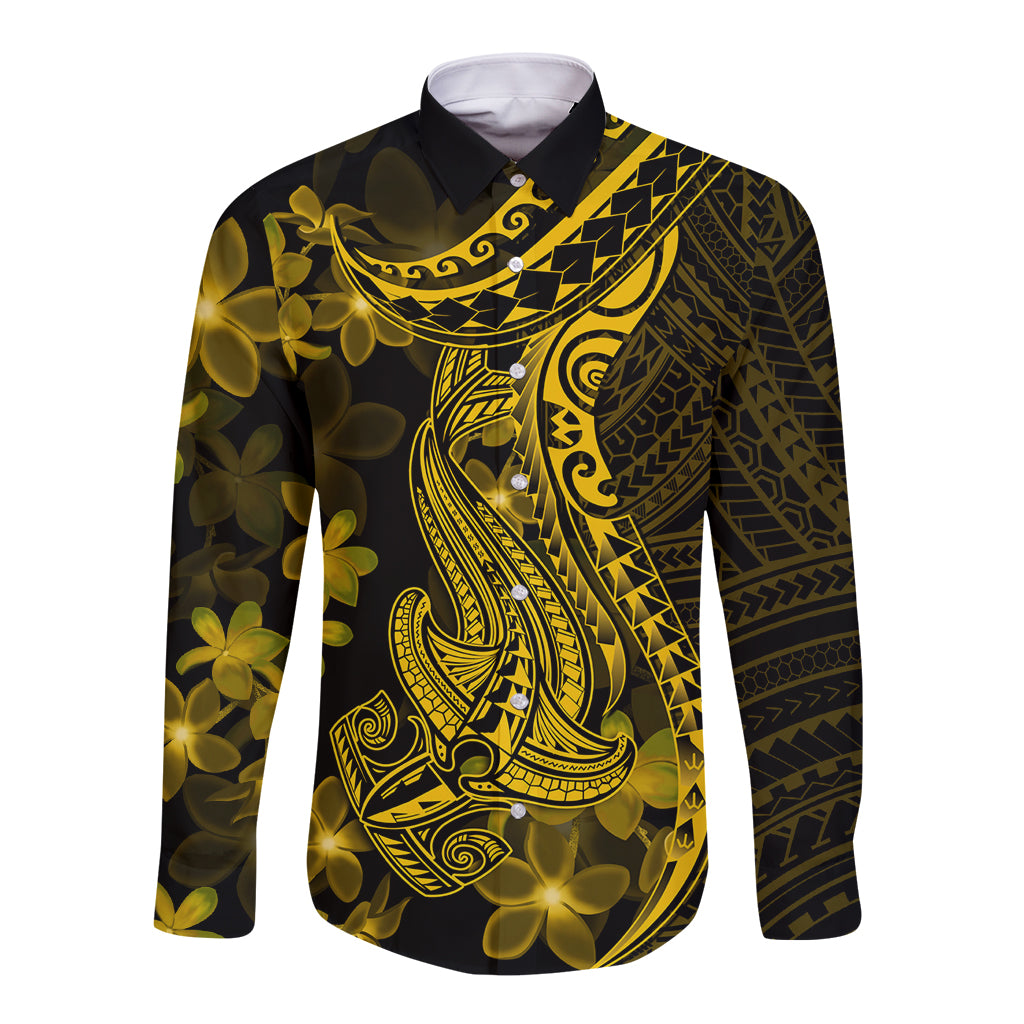 Gold Polynesia Shark Tattoo Long Sleeve Button Shirt With Polynesian Plumeria - Wonder Print Shop
