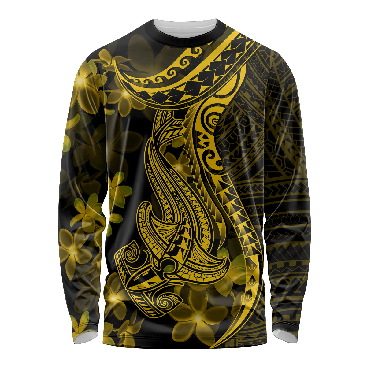 Gold Polynesia Shark Tattoo Long Sleeve Shirt With Polynesian Plumeria - Wonder Print Shop