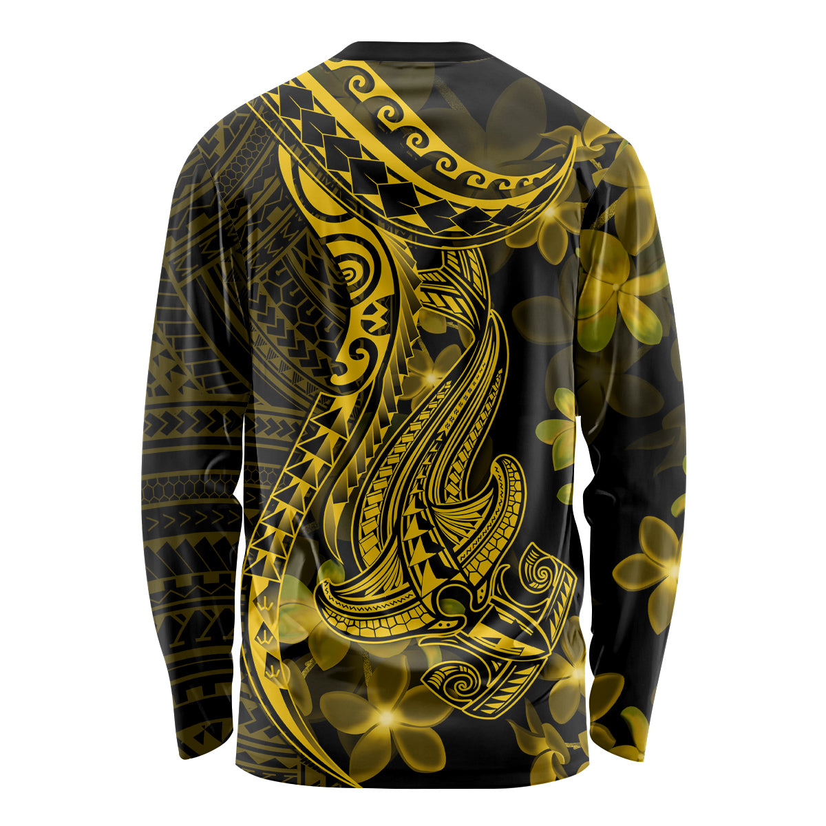 Gold Polynesia Shark Tattoo Long Sleeve Shirt With Polynesian Plumeria - Wonder Print Shop