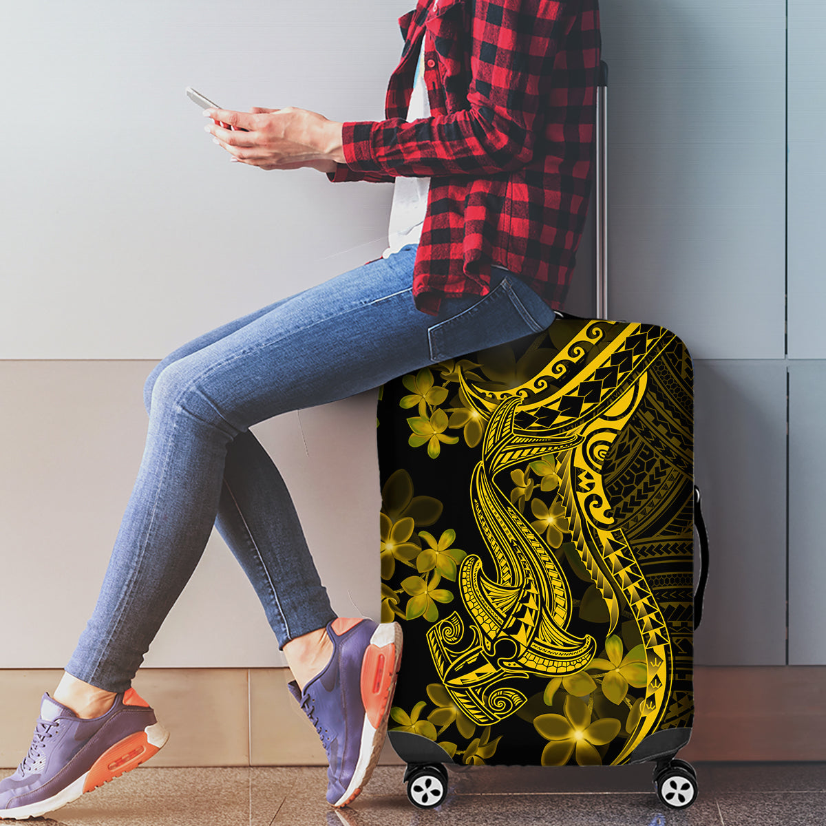 Gold Polynesia Shark Tattoo Luggage Cover With Polynesian Plumeria - Wonder Print Shop