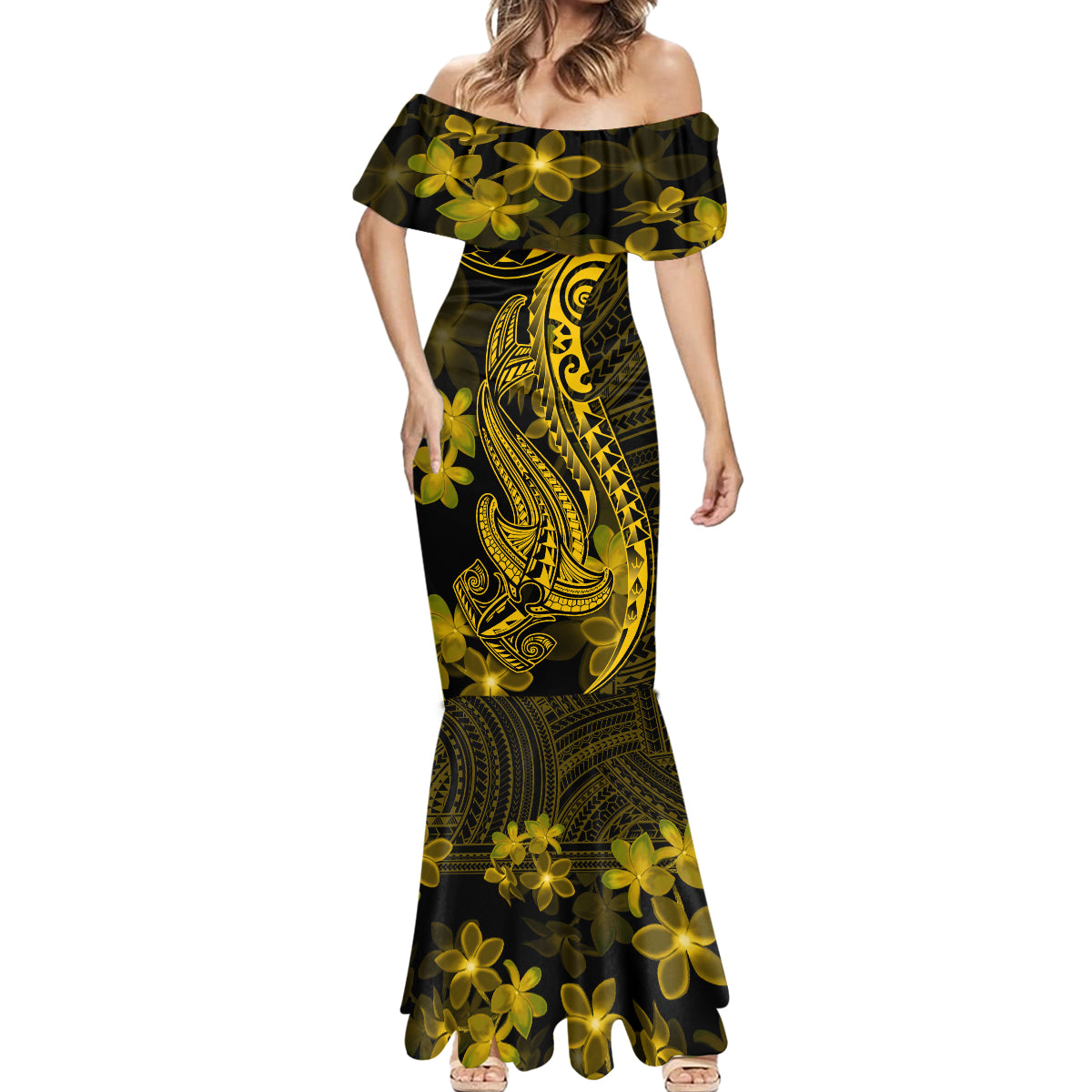 Gold Polynesia Shark Tattoo Mermaid Dress With Polynesian Plumeria - Wonder Print Shop